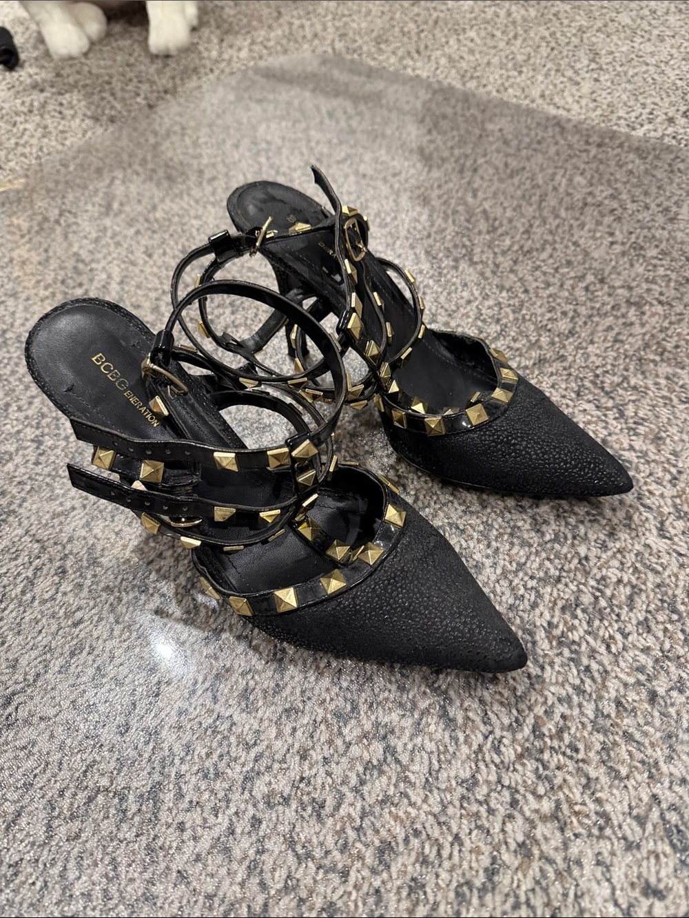 BCBG Black Pointed Studded Strappy Heels with Gold Accents